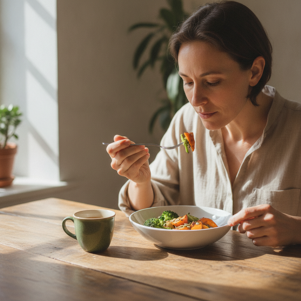 Pe lângă calitatea alimentelor, contează enorm și modul în care mănânci. Mâncatul lent, fără distracții (televizor, telefon), permite creierului să primească semnalul de sațietate la timp. Studiile ar…